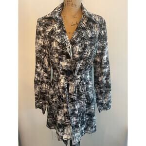 Talie Black White Geometric Belted Trench Coat Size Medium